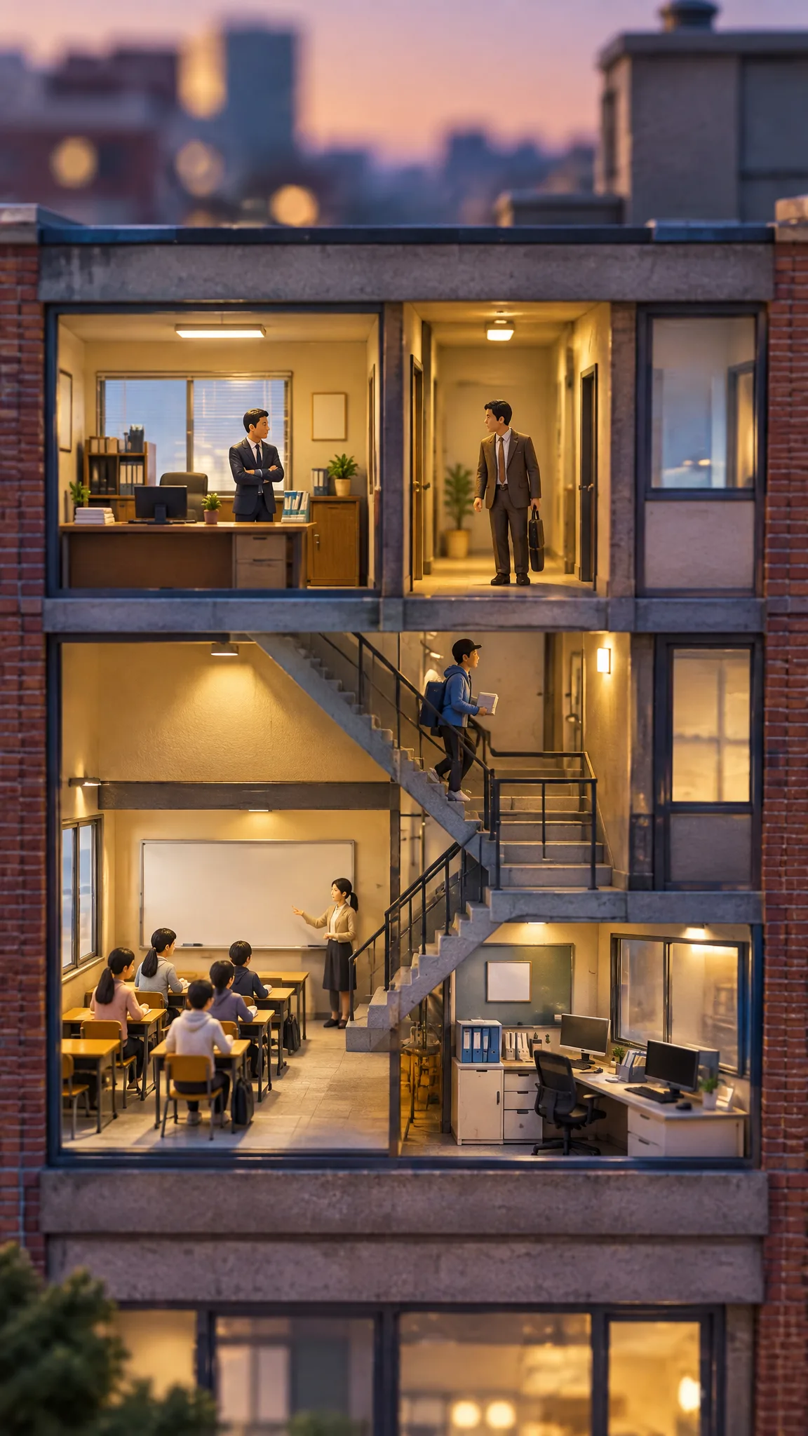 3층 원장님과 4층 대표님이 직원을 나눠 쓴다 — 컨셉 시안 그림
