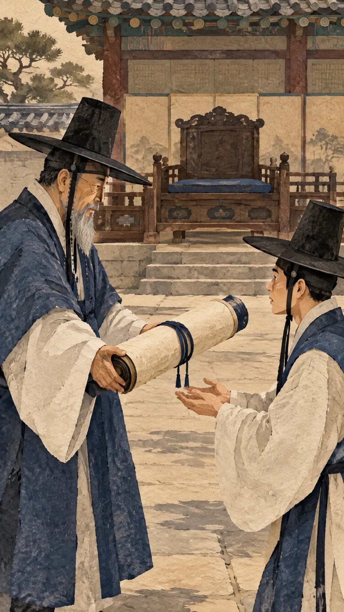 대감이 아들에게 땅문서를 건넸다 — 컨셉 시안 그림