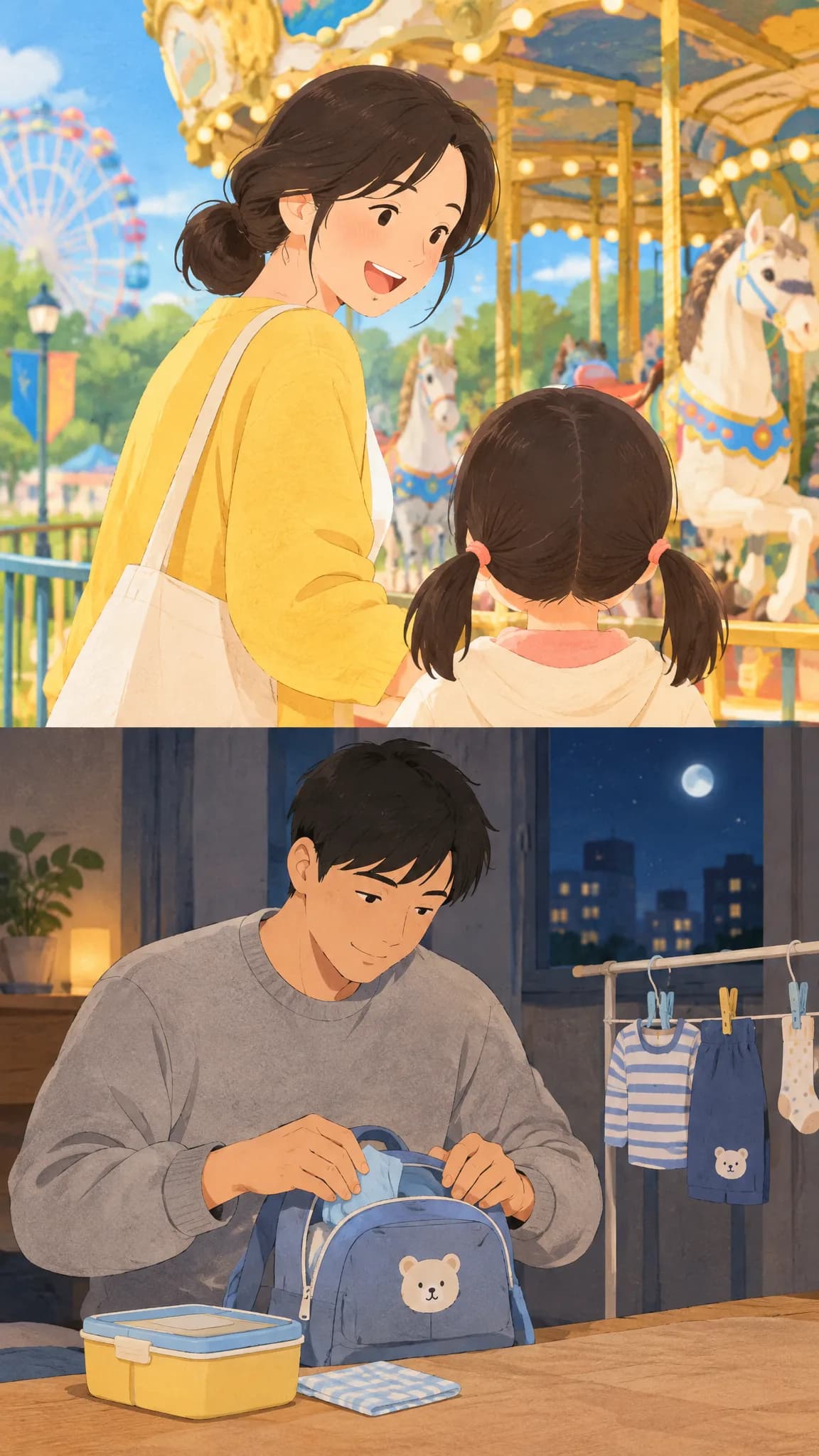 “주말 내내 제가 아이를 봤어요” — 컨셉 시안 그림